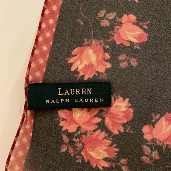 VINTAGE 90s RALPH LAUREN Black Cranberry Red and White Chiffon Square Scarf - Picture 8 of 9